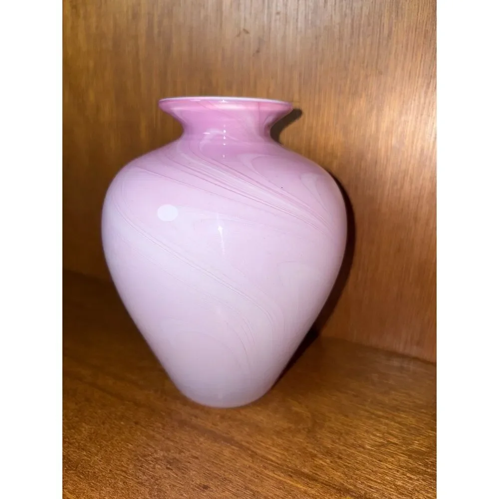 Vintage Handblown Pink and White Small Vase Vitrix Glass Corning 1992 Signed
